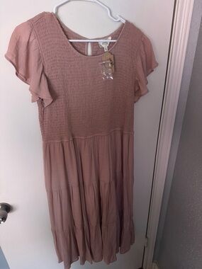 Smocked Tiered Midi Dress in Dusty Rose by Porr